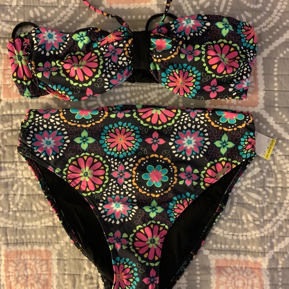 Women’s Floral Bandeau Bikini Set - Black with Pink & Teal Accents NWT